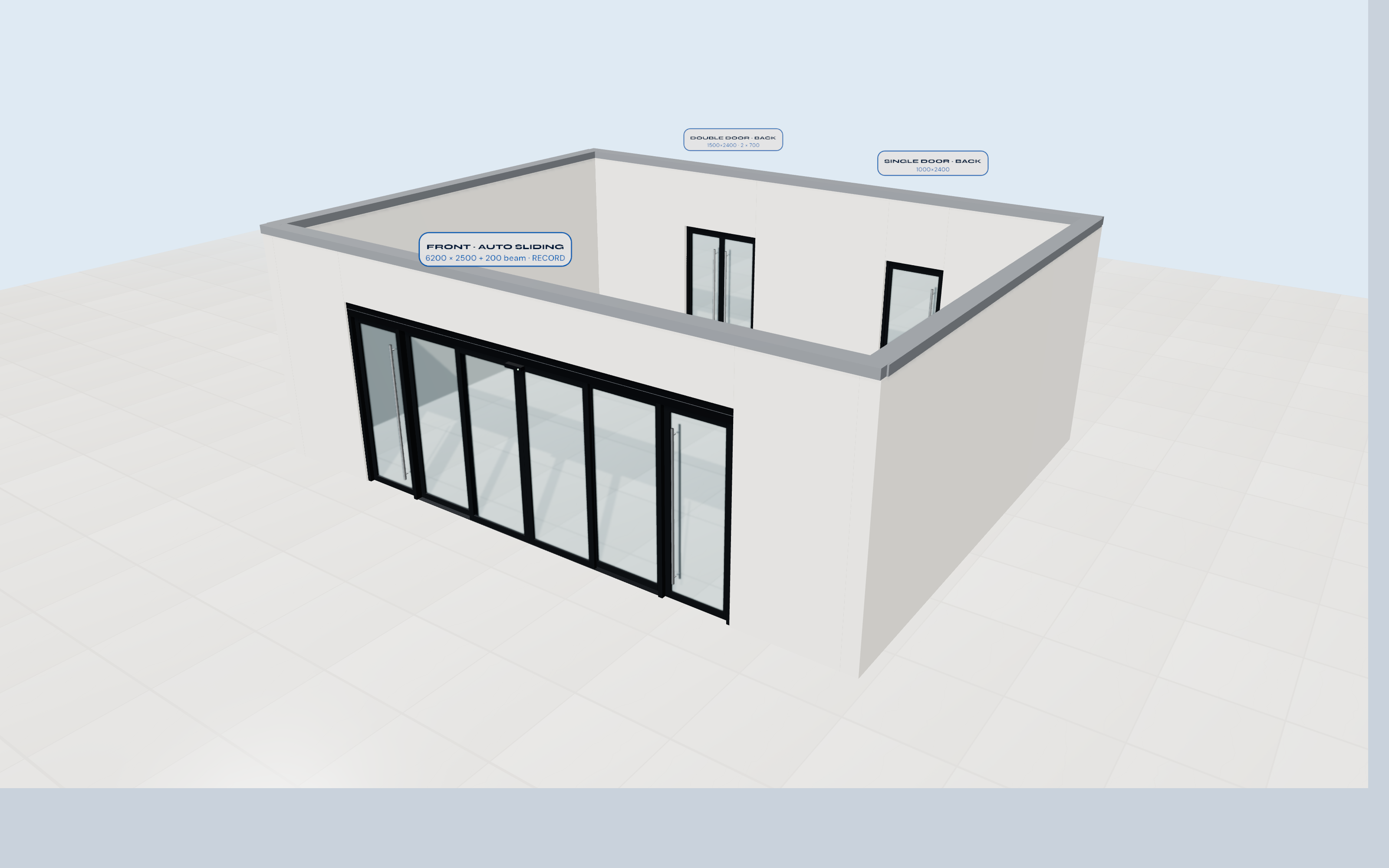 3D view of the shop-front doors and automatic sliding entrance